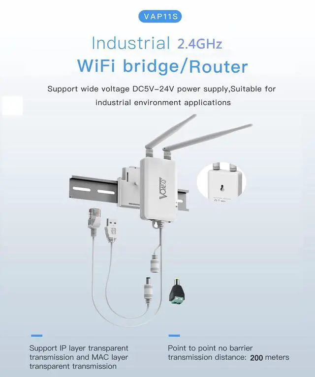 Alt view image 2 of 5 - VONETS Industrial 2.4GHz WiFi Bridge Ethernet Wireless Repeater/Mini Router/WiFi Hotspot Extender/Signal Booster, USB/DC Powered, 2 RJ45 Ports for DVR, IP Camera, PLC, PS3, Network Devices VAP11S