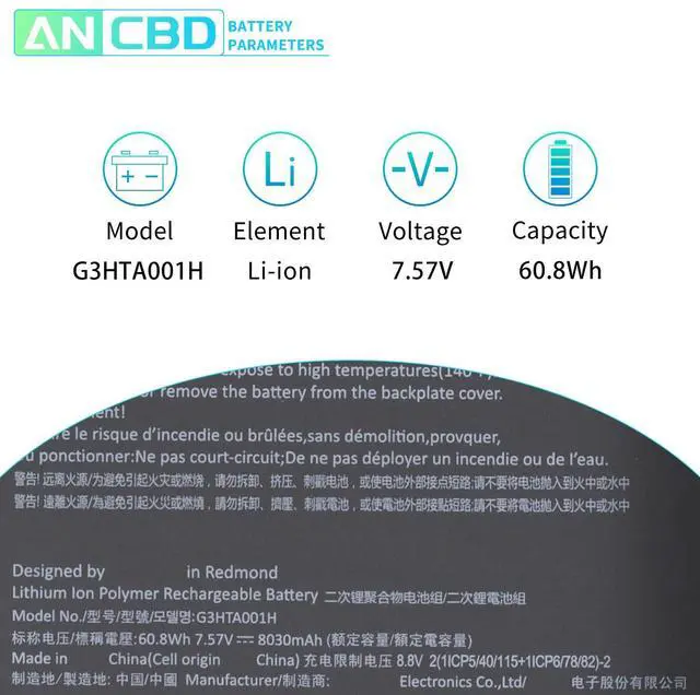 Alt view image 2 of 5 - ANCBD G3HTA001H 93HTA001H Keyboard Battery (with Tools) Compatible with Microsoft Surface Book 1st Gen Model 1785 with Performance Base 7.57V 60.8Wh/8030mAh 4-Cell
