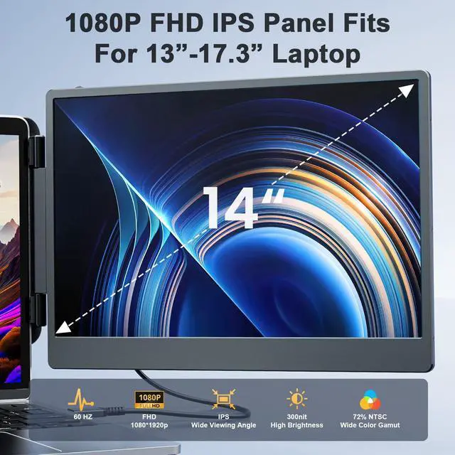 Alt view image 2 of 5 - 14'' Laptop Monitor Extender FHD 1080P IPS Dual Portable Monitor for 13"-17" Laptops, Plug and Play Compatible with Windows, Switch, PS5