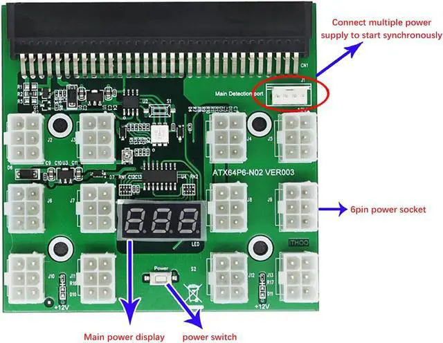 Alt view image 3 of 7 - PCI-E 12V 64Pin to 12x 6Pin Power Supply Server Adapter Breakout Board for HP 1200W 750W PSU Server GPU BTC Mining