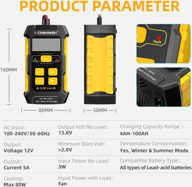 Alt view image 6 of 7 - Konnwei KW510 12V Car Battery Tester Full Automatic 5A Car Battery Charger 3 in 1 Lead Acid Pulse Repair Tools