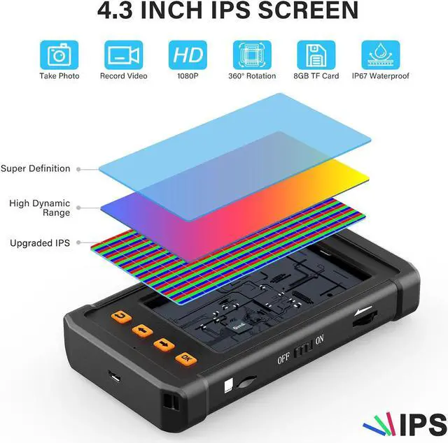 Alt view image 3 of 7 - Industrial Endoscope Camera 5.5mm Single Lens Waterproof Borescope with 8GB TF Card 6 LED Light 4.3 inch IPS Screen Snake Endoscope, 10M