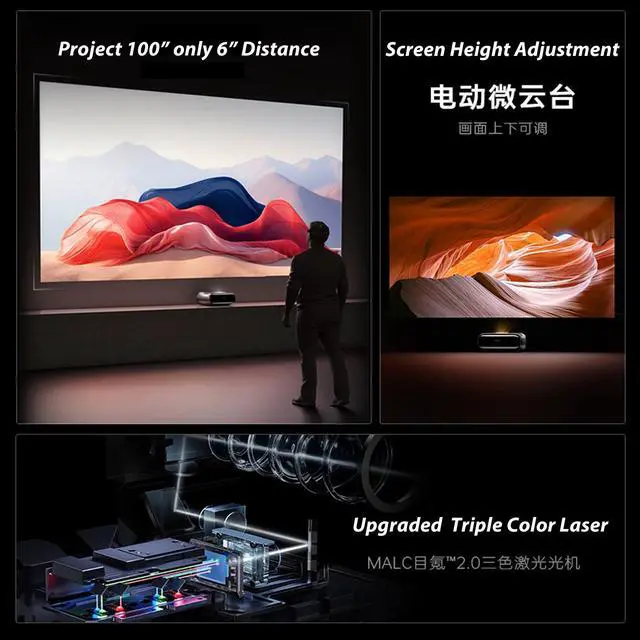Alt view image 4 of 7 - JmGO O2 Ultra 4K Ultra Short Throw Projector | MALC 2.0 Triple-Color Laser 2800 CVIA Lumen | MT9679 4GB 64GB | DYNAUDIO Speaker | Chinese Version to English Support, Pair with KD3 Google TV Stick