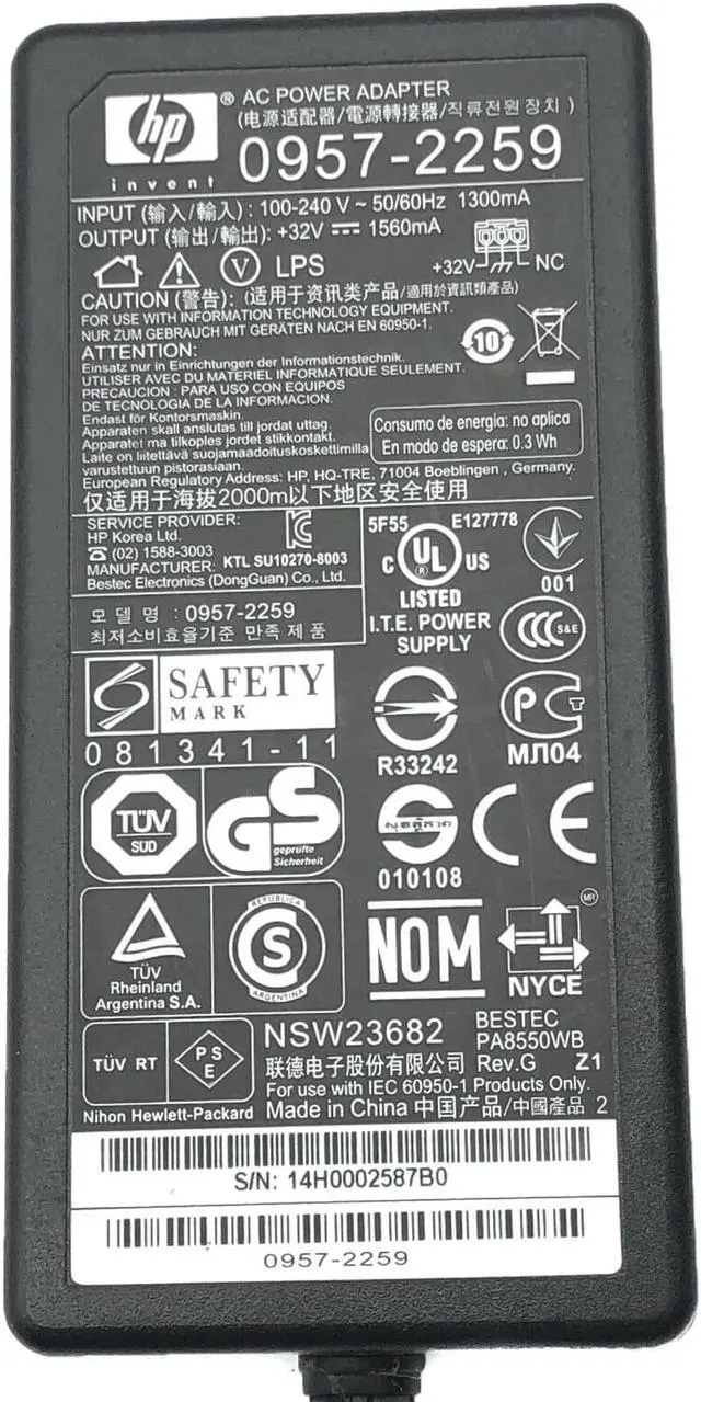Alt view image 2 of 7 - Genuine HP AC Adapter Power Supply  0957-2259 32V 1560mA (1.56A) for Photosmart C5175 C5177 C5180 Printer 3-Pin w/Cord OEM