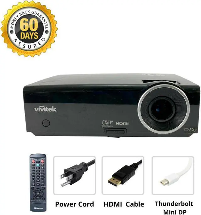 Main image of ViviTek D837 DLP Portable Projector Multipurpose 3200 ANSI 1024x768 Built-in Speakers Ceiling Projection Thunderbolt Mini DP Remote Bundle w/Power Cord
