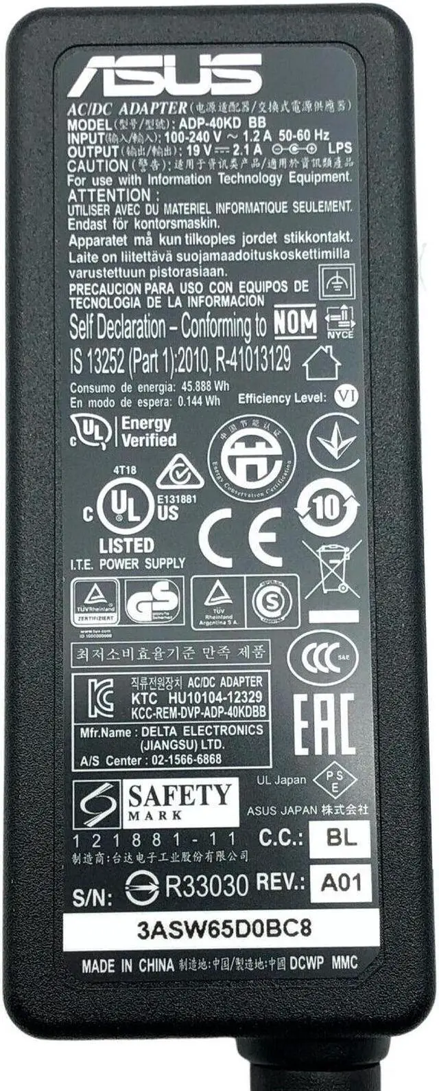 Alt view image 5 of 5 - Genuine 40W Asus Adapter Model ADP-40KD EXA0901XH 19V 2.1A Tip 4.0mm w/Cord For ASUS VX228H VC238H-W Full HD LED Monitor