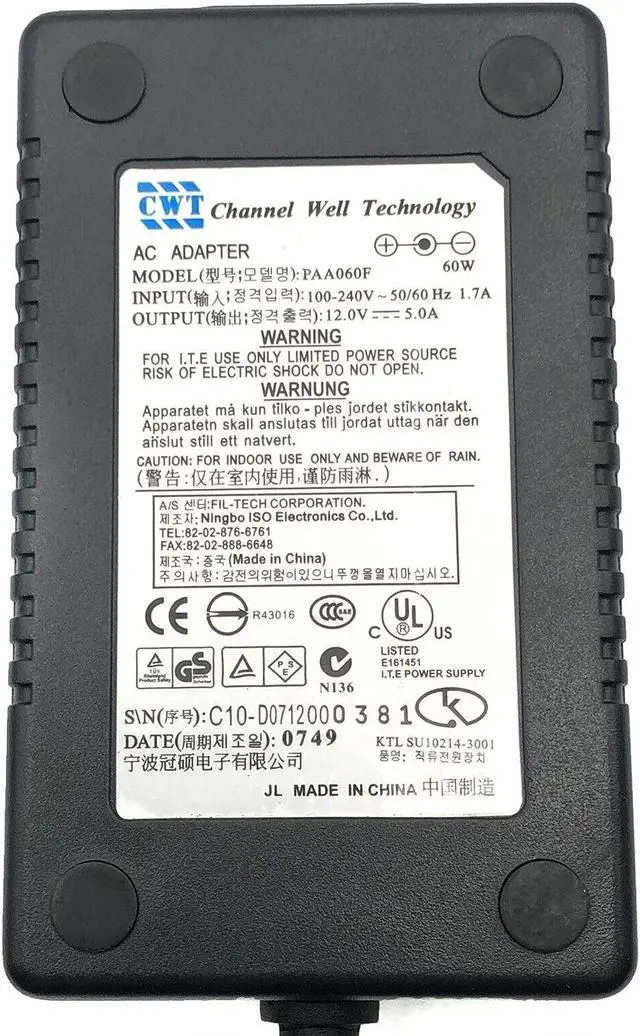 Alt view image 2 of 5 - NEW Genuine Channel Well Technology PAA060F AC Power Adapter 12V 5A 60W Charger