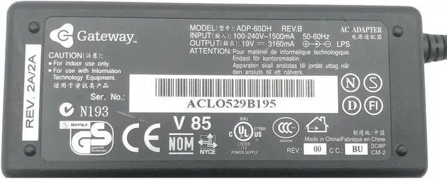 Alt view image 2 of 4 - Genuine OEM Gateway AC Adapter ADP-60DH 19V 3160mA (3.16A) 60W P/N 6500731 w/PC