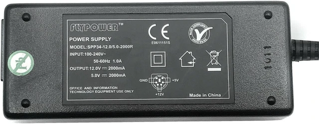 Alt view image 2 of 5 - OEM Flypower SPP34-12.0/5.0-2000R Power Supply Adapter 6-Pin DIN 2000mA No Cord