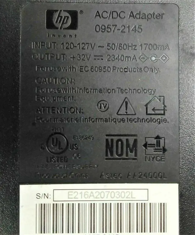 Alt view image 2 of 5 - Genuine HP AC/DC Adapter 0957-2145 +32V 2340mA /2.34A Printer Power Supply Cord