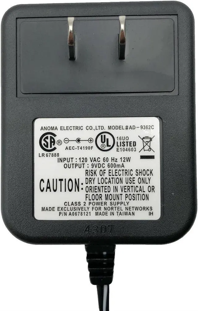 Alt view image 2 of 3 - New Genuine Nortel A0678121 Power Supply Norstar Anoma AD-9362C 9V 0.6A Plug In