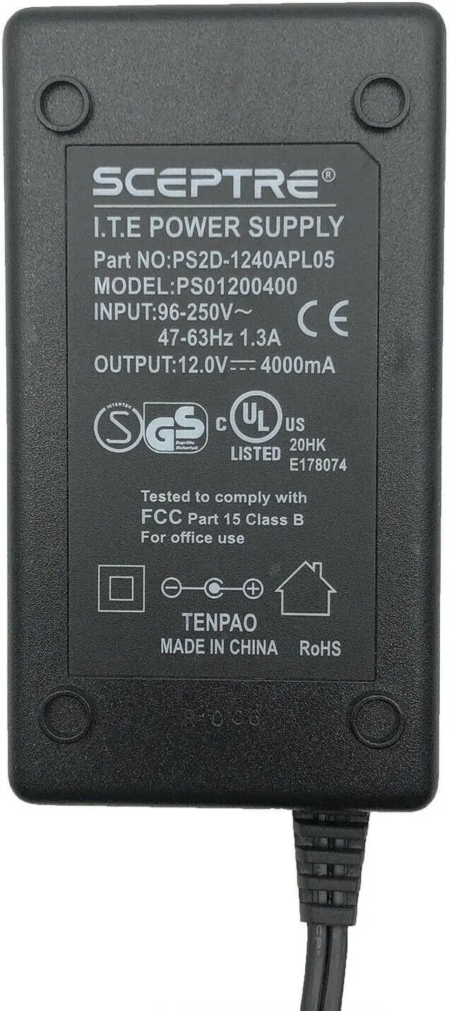 Alt view image 2 of 4 - OEM Sceptre PS2D-1240APL05 Power Supply AC/DC Adapter PS01200400 12V 4A w/P.Cord
