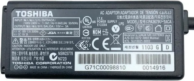 Alt view image 2 of 4 - Genuine Toshiba PA3679U-1ACA 45W 15V 3A AC Adapter PA3241U-2ACA W/P.Cord