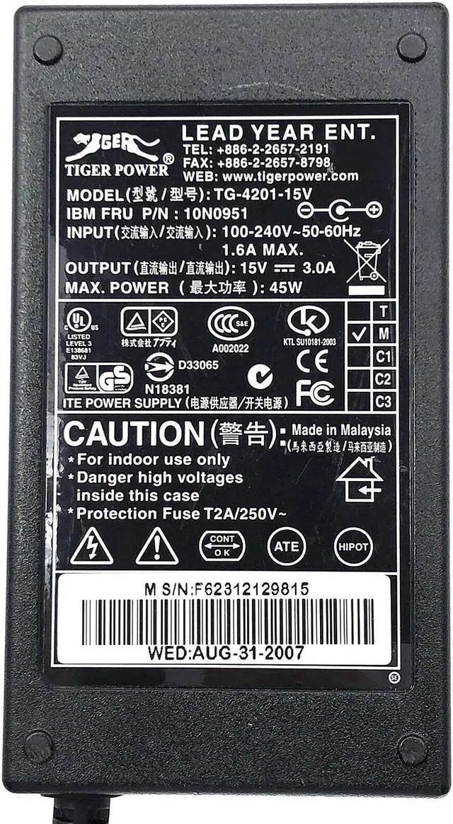 Alt view image 2 of 4 - OEM IBM Tiger Power TG-4201-15V 10N0951 15V 3A AC Adapter Power Supply w/Cord