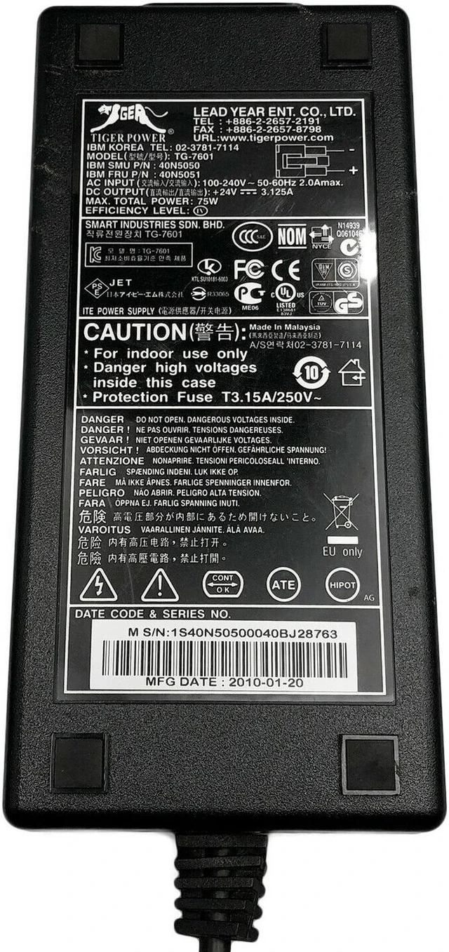 Alt view image 2 of 3 - Genuine Tiger Power TG-7601 Supply Adapter 40N5050 40N5051 24V 3.125A w/PC