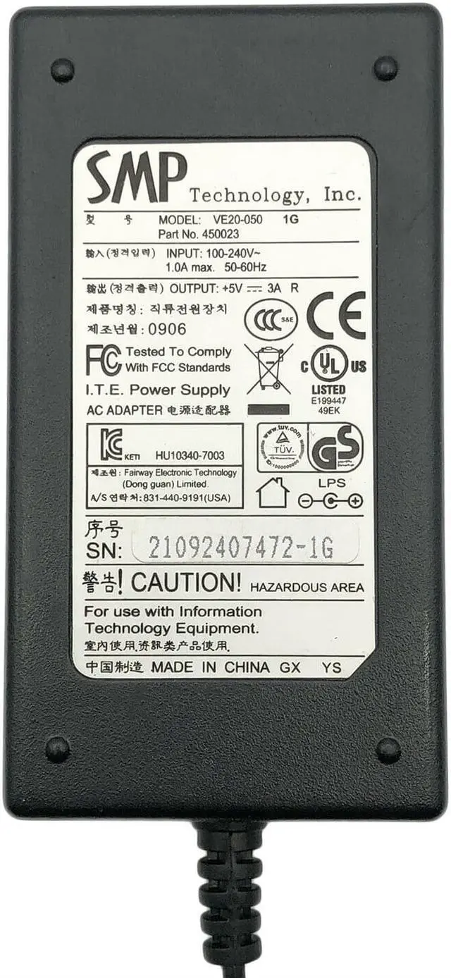 Alt view image 2 of 4 - Original SMP Power Supply AC Adapter Charger 5V 3A 15W VE20-050 450023 w/ P.Cord
