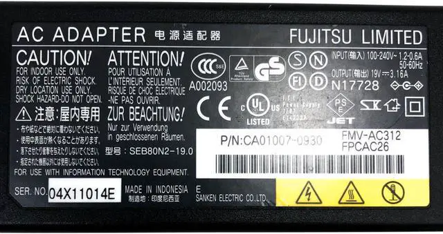 Alt view image 4 of 4 - Genuine Fujitsu Power Supply AC Adapter 19V 3.16A 60W SEB80N2-19.0 for IBM ThinkPad I-Series Laptops w/Power Cord