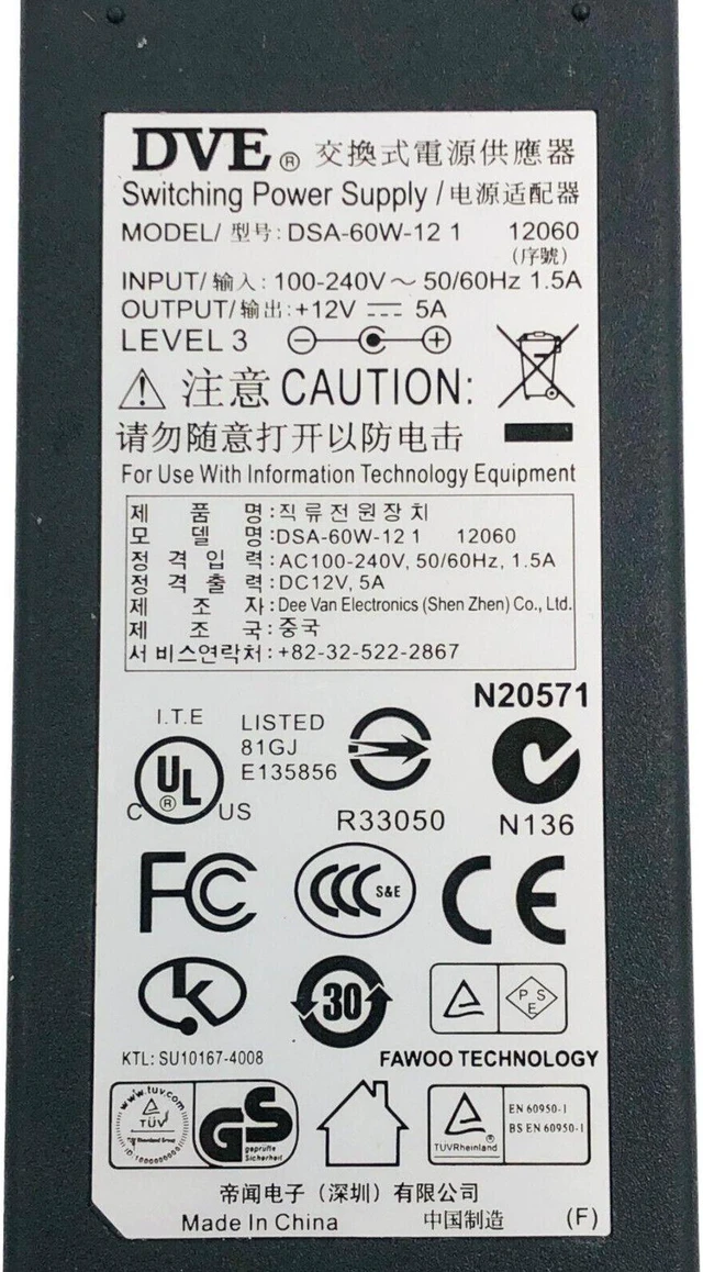 Alt view image 6 of 6 - Original DVE DSA-60W-12 AC Power Supply Adapter 12V 5A 60W w/PC OEM