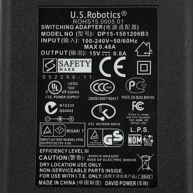 Alt view image 7 of 7 - Genuine US Robotics DP15-1501200B3 AC/DC Power Supply Adapter 15V 0.8A 12W w/PC