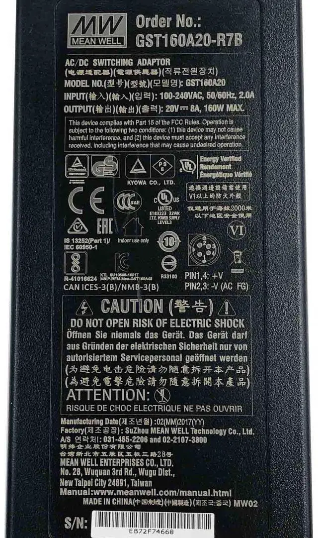 Alt view image 7 of 7 - Genuine Mean Well GST160A20 4-Pin 20V 8A 160W AC/DC Switching Adapter w/P.Cord
