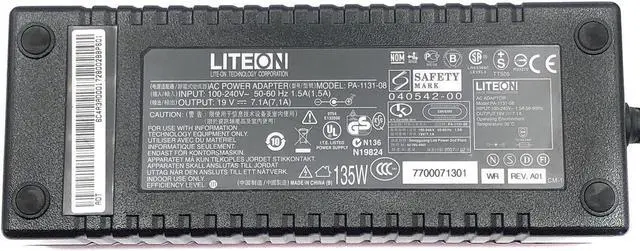 Alt view image 2 of 7 - Genuine 135W LiteOn AC Adapter PA-1131-08 Laptop Charger 19V 7.1A 5.5*2.5mm w/PC