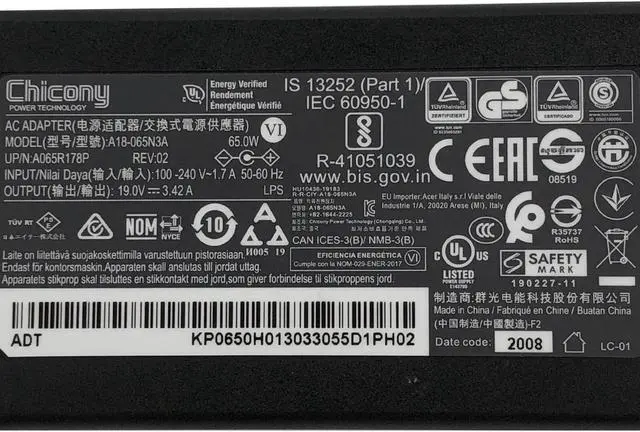 Alt view image 2 of 7 - Genuine Chicony A18-065N3A AC Power Supply Adapter A065R178P 19V 3.42 w/Cord