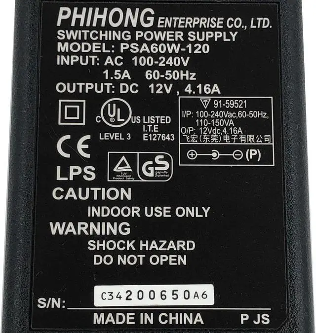 Alt view image 2 of 7 - Genuine Phihong PSA60W-120 AC Power Supply Adapter 12V 4.16A 50W w/Cord