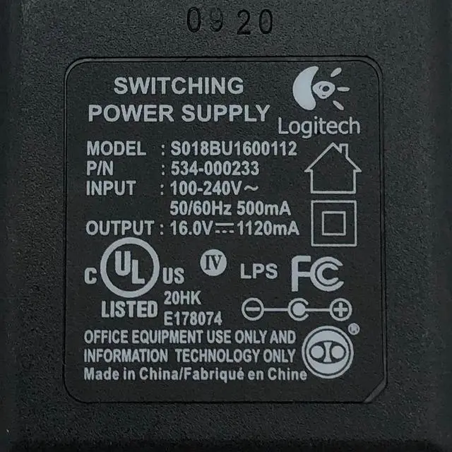 Alt view image 2 of 6 - Genuine Logitech S018BU1600112 AC Adapter 16V 1120mA Power Supply 534-000233