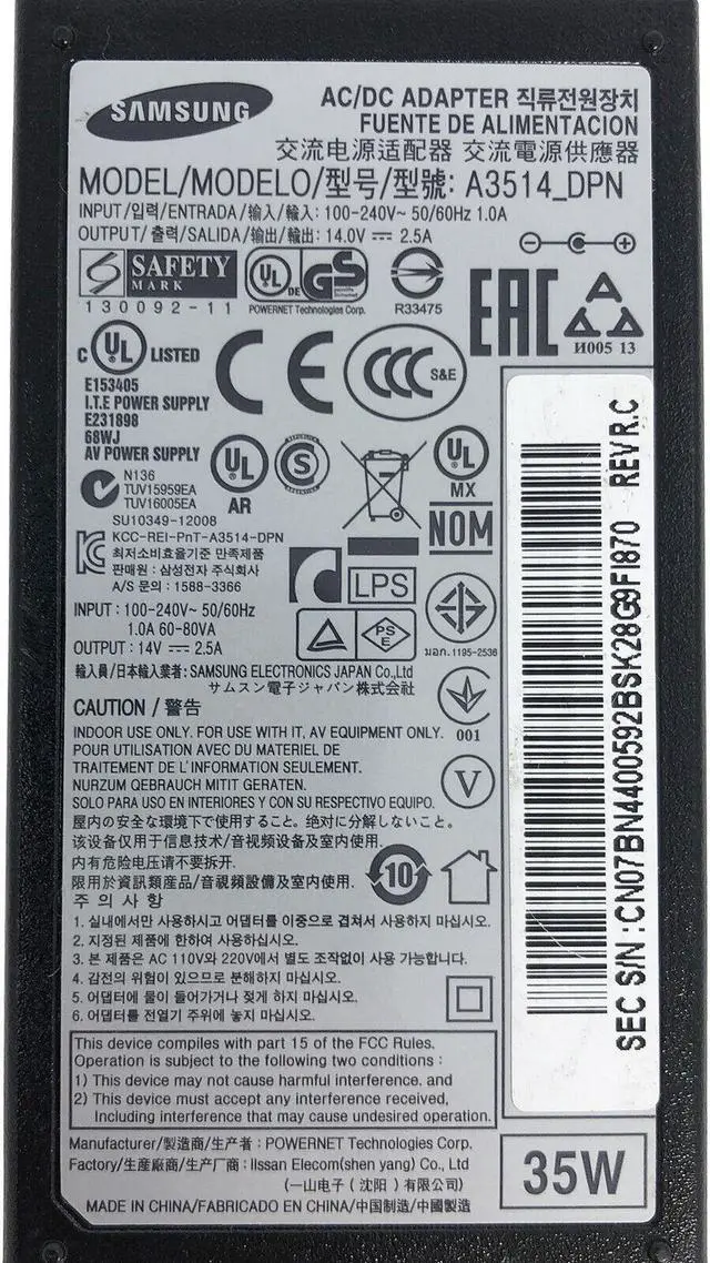 Alt view image 7 of 7 - New OEM Samsung AC Adapter for Samsung SyncMaster S27 - Series LED Monitor w/PC