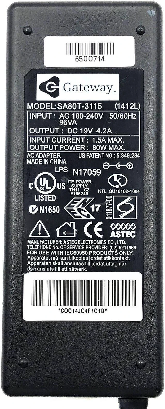 Alt view image 2 of 6 - Genuine Gateway SA80T-3115 AC Adapter Laptop Power Supply Cord 19V 4.2A 80W OEM