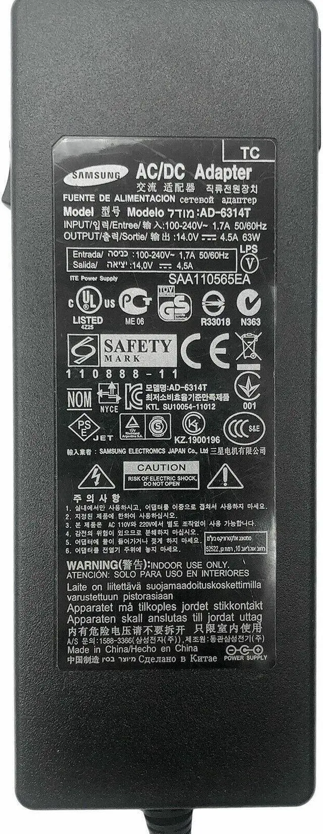 Alt view image 2 of 6 - Genuine Samsung AC DC Adapter AD-6314T 14V 4.5A 63W Charger w/o Power Cord