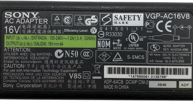 Alt view image 2 of 6 - NEW Genuine Sony VGP-AC16V8 AC Power Supply Adapter for Sony VAIO W/Cord