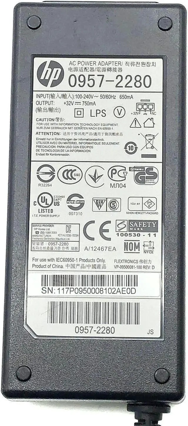 Alt view image 2 of 6 - HP AC DC Adapter Model 0957-2280 +32V 750mA 3-pin tip w/Cord OEM  Genuine