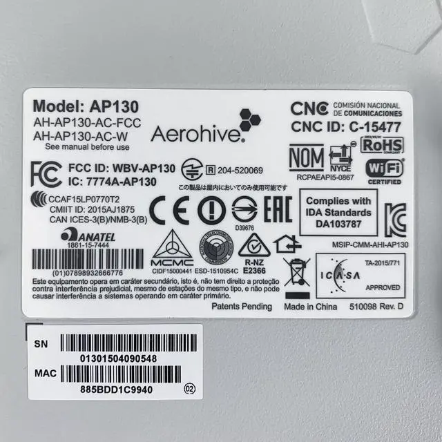 Alt view image 3 of 4 - Aerohive AP130 Dual Band WiFi 802.11ac Access Point PoE