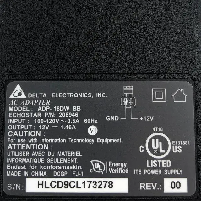 Alt view image 2 of 6 - Genuine Delta Wall AC Adapter ADP-18DW BB Echostar P/N 208946 12V Power Supply