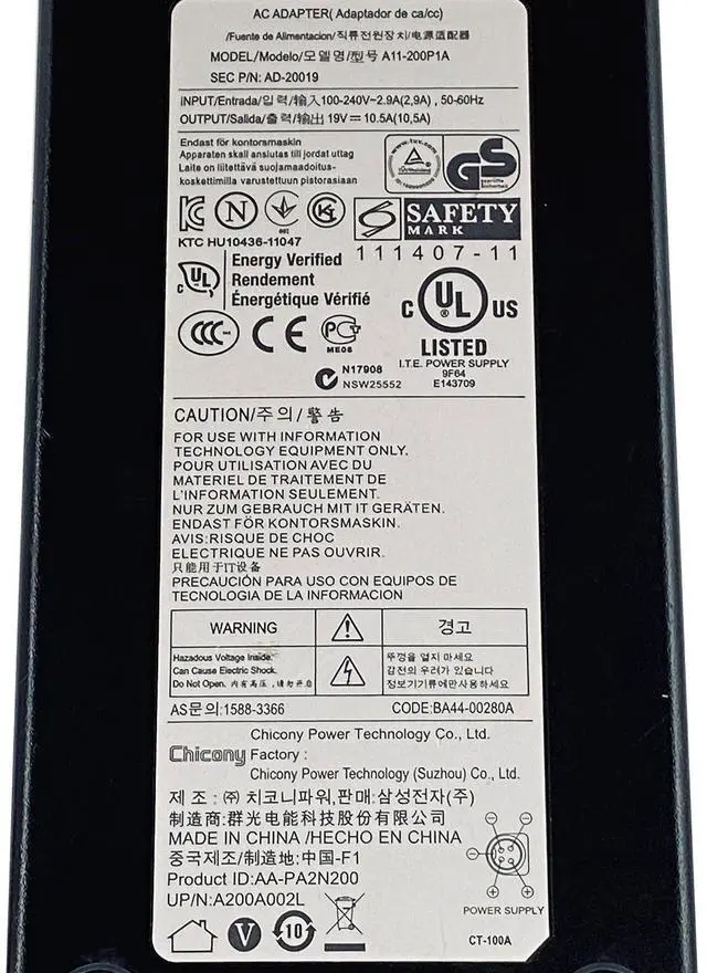 Alt view image 2 of 7 - Genuine Chicony AC Adapter A11-200P1A 19V 10.5A 200W 4-pin Laptop Charger