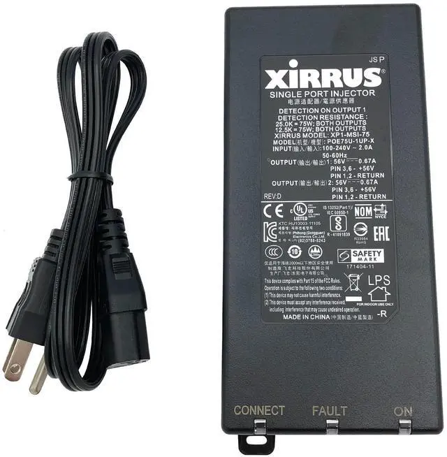 Main image of Authentic Xirrus AC Adapter For Xirrus XD4-240 XE5-8 XR-630 XR-620 PoE Injector