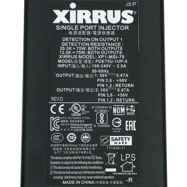 Alt view image 4 of 7 - Authentic Xirrus AC Adapter For Xirrus XD4-240 XE5-8 XR-630 XR-620 PoE Injector