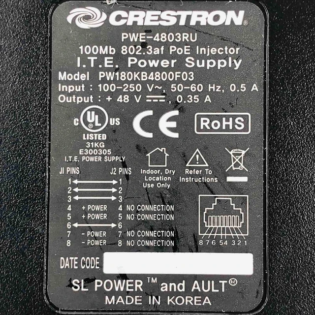 Alt view image 2 of 6 - Crestron AC Power Adapter PWE-4803RU 48V PoE Injector