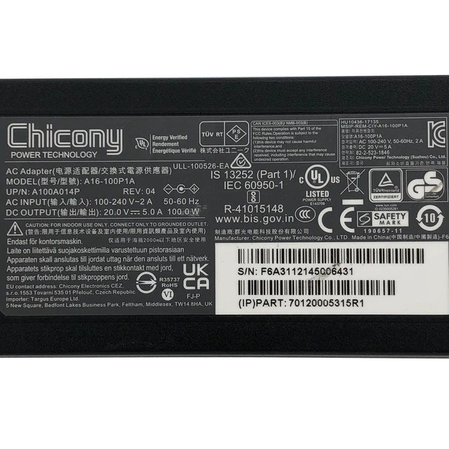 Alt view image 3 of 7 - Genuine Chicony 100W AC Adapter Charger A16-100P1A Power Supply 20V 5A