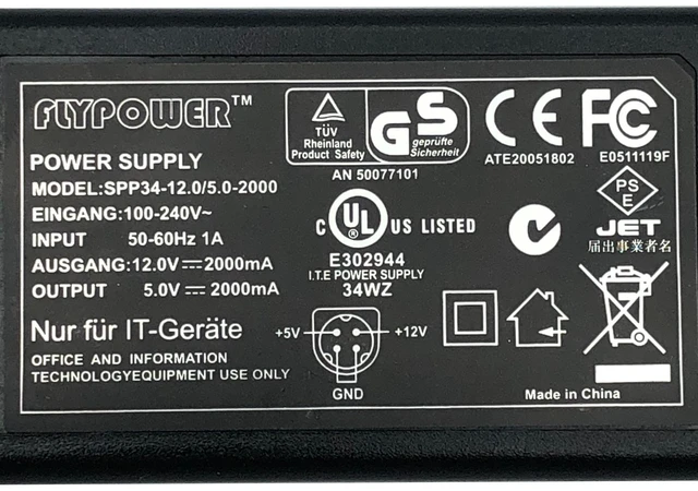 Alt view image 2 of 7 - Original Flypower SPP34-12.0/5.0-2000 AC Power Supply Adapter 5V 2A w/Cord 4-Pin