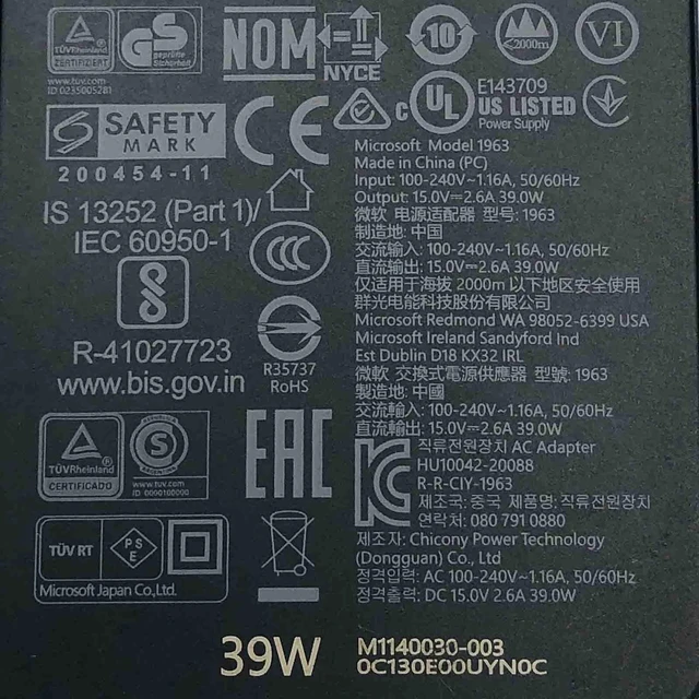 Alt view image 2 of 7 - NEW Genuine 39W Microsoft 15.0V 2.6A AC Adapter Model 1963 M1140030-003 OEM