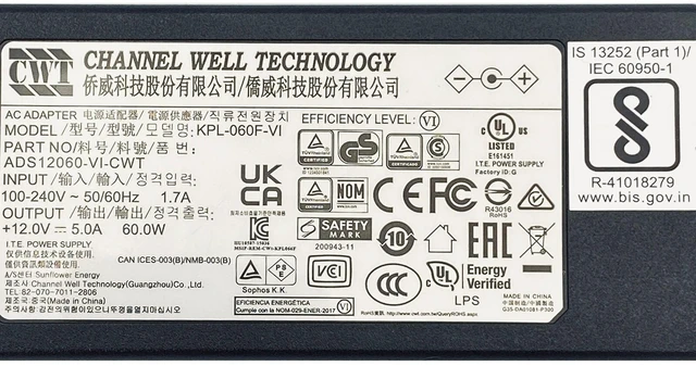 Alt view image 2 of 7 - Genuine CWT KPL-060F-VI AC Adapter 12V 5A 60W Screw Lock Tip Power Supply OEM