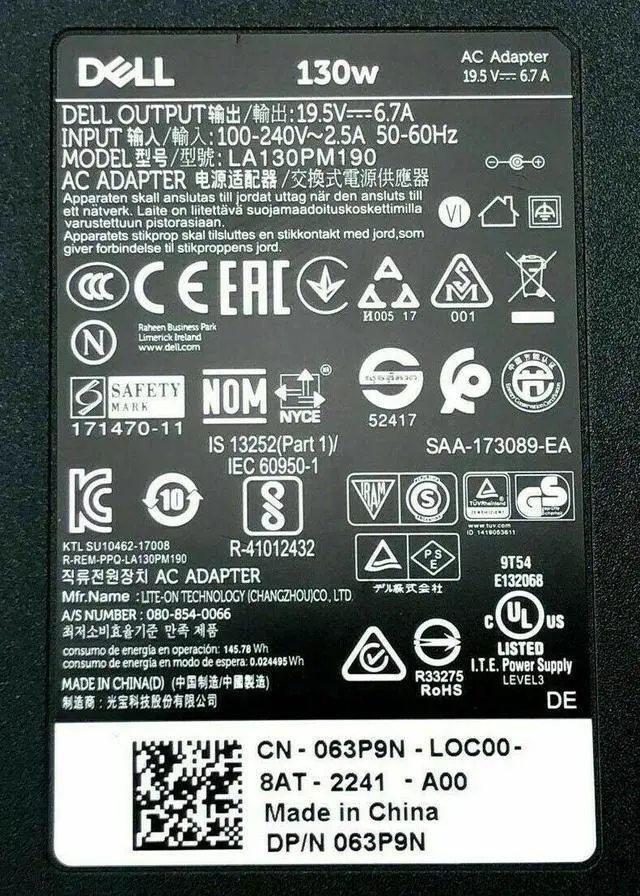 Alt view image 2 of 11 - Dell 130W AC Power Adapter 19.5V 6.7A VJCH5 JU012 WRHKW