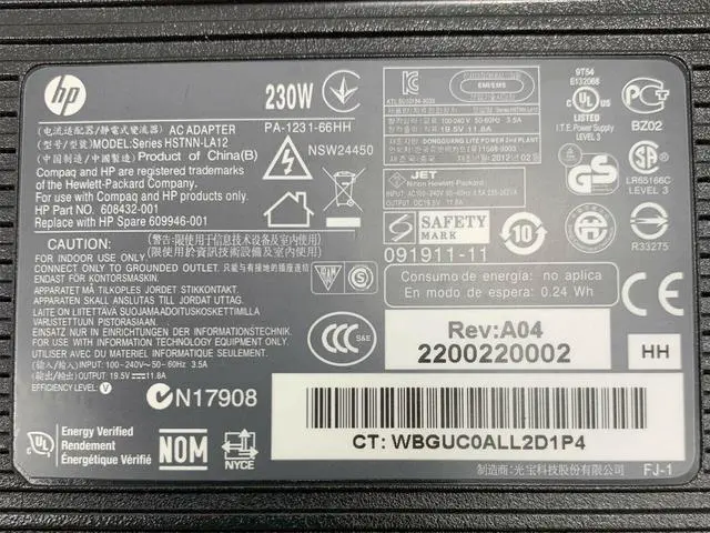 Alt view image 2 of 6 - Genuine HP 230W Power Adapter 19.5V 11.8A 901984-003 TPN-LA10 PA-1231-08HT 611533-001 for Omen Laptop 17-AN101NA 17-AN105NI 17-AN180NZ 17-AN194ND 17-an052ng for TouchSmart 9300 Elite Business w/PC OEM