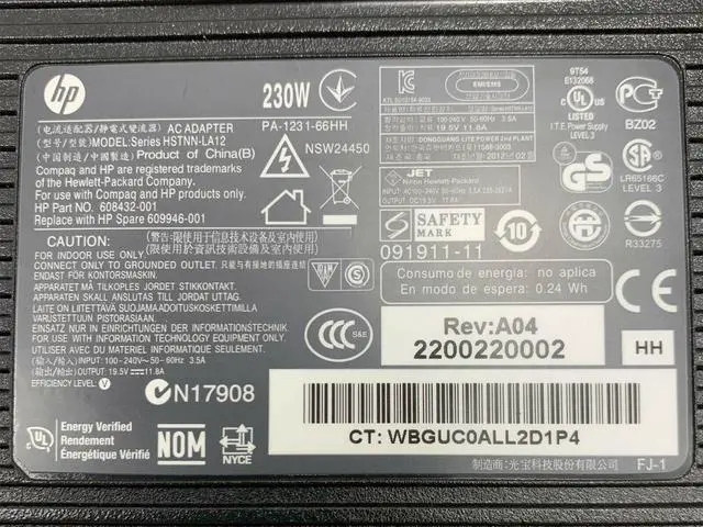 Alt view image 2 of 6 - Genuine HP Power Adapter Supply 230W 19.5V 11.8A HSTNN-LA12 677766-003 HSTNN-DA12S PA-1231-66HJ  for USB-C Universal Dock G2 HSN-IX01 for Elite Desktop 8000 8200 8300 8760w 8770w w/PC OEM Original