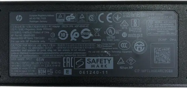 Alt view image 2 of 6 - New Genuine Original HP 65W Laptop Charger Power AC Adapter 4.5x3.0 710412-001 854055-002 19.5V 3.33A for Laptop 15-CS0048TX 15-DA0008LA 15-DB0011DX  IS 13252 IEC 60950-1 R-41013153  w/Cord