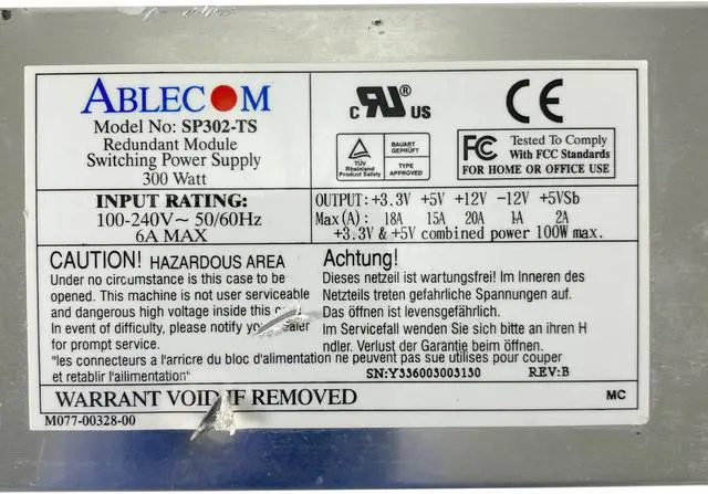 Alt view image 2 of 5 - Ablecom SP302-TS Redundant Module Switching Server Power Supply 300W no/PCord