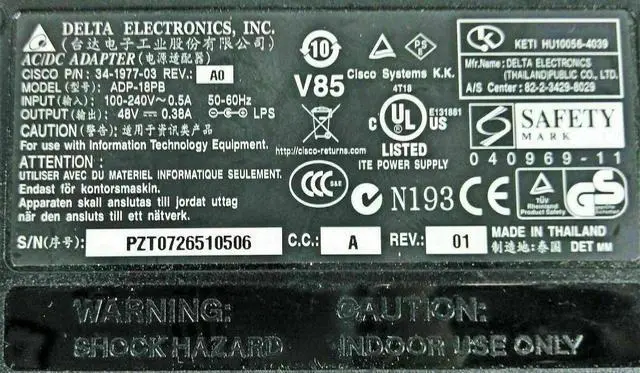 Alt view image 2 of 3 - New Genuine Delta AC Adapter 48V 0.38A ADP-18PB 34-1977-03 Power Supply for Cisco AP1220B AP1231G AP1230A Cisco AP-350 AP-1100 AP-1120 7902G 7905G 7910G W/Cord OEM  Original