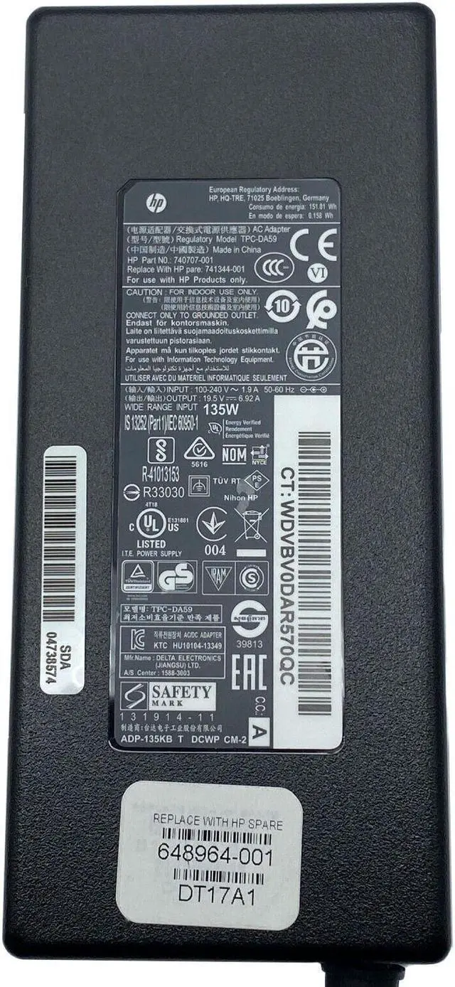 Alt view image 4 of 4 - NEW Genuine HP 135W Adapter Model TPC-DA59 19.5V 6.92A PN 740707-001 7.4 x 5.0 mm wCord OEM